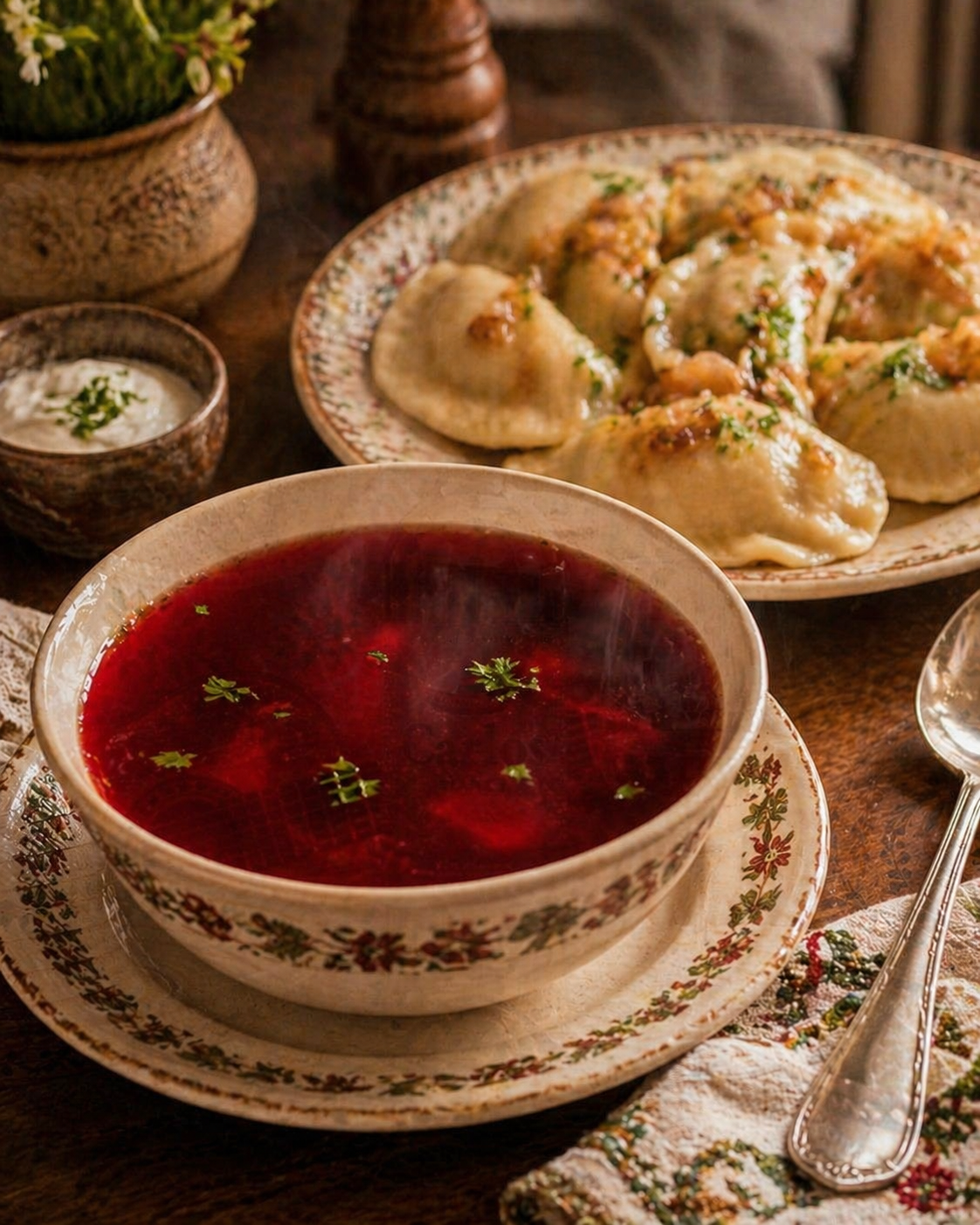 Barszczyk czerwony z pierogami