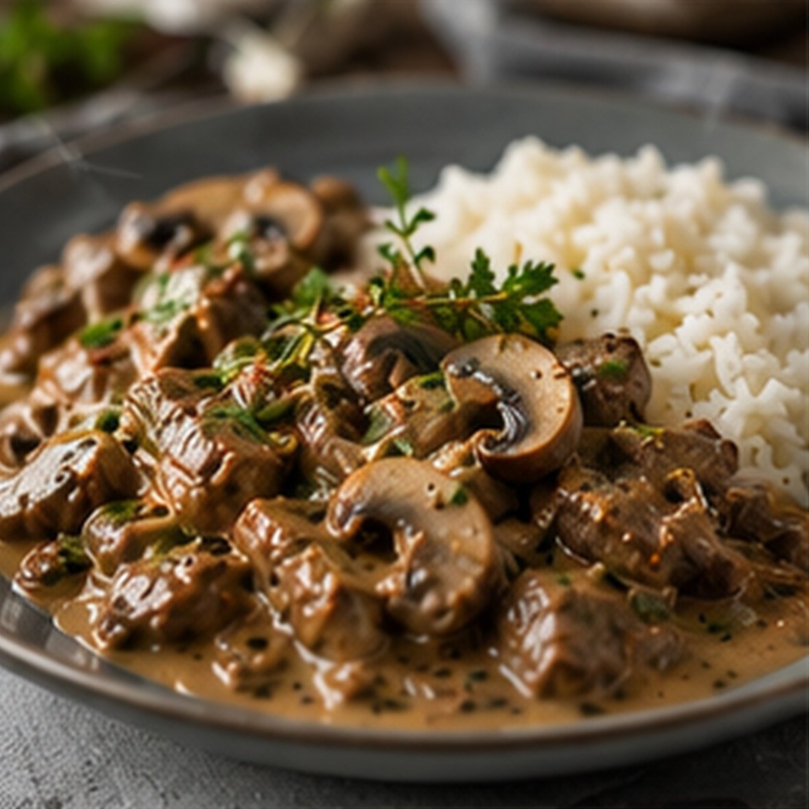 Boeuf Stroganow z winem aroniowym